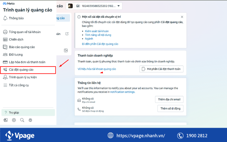 Truy cập phần Cài đặt quảng cáo